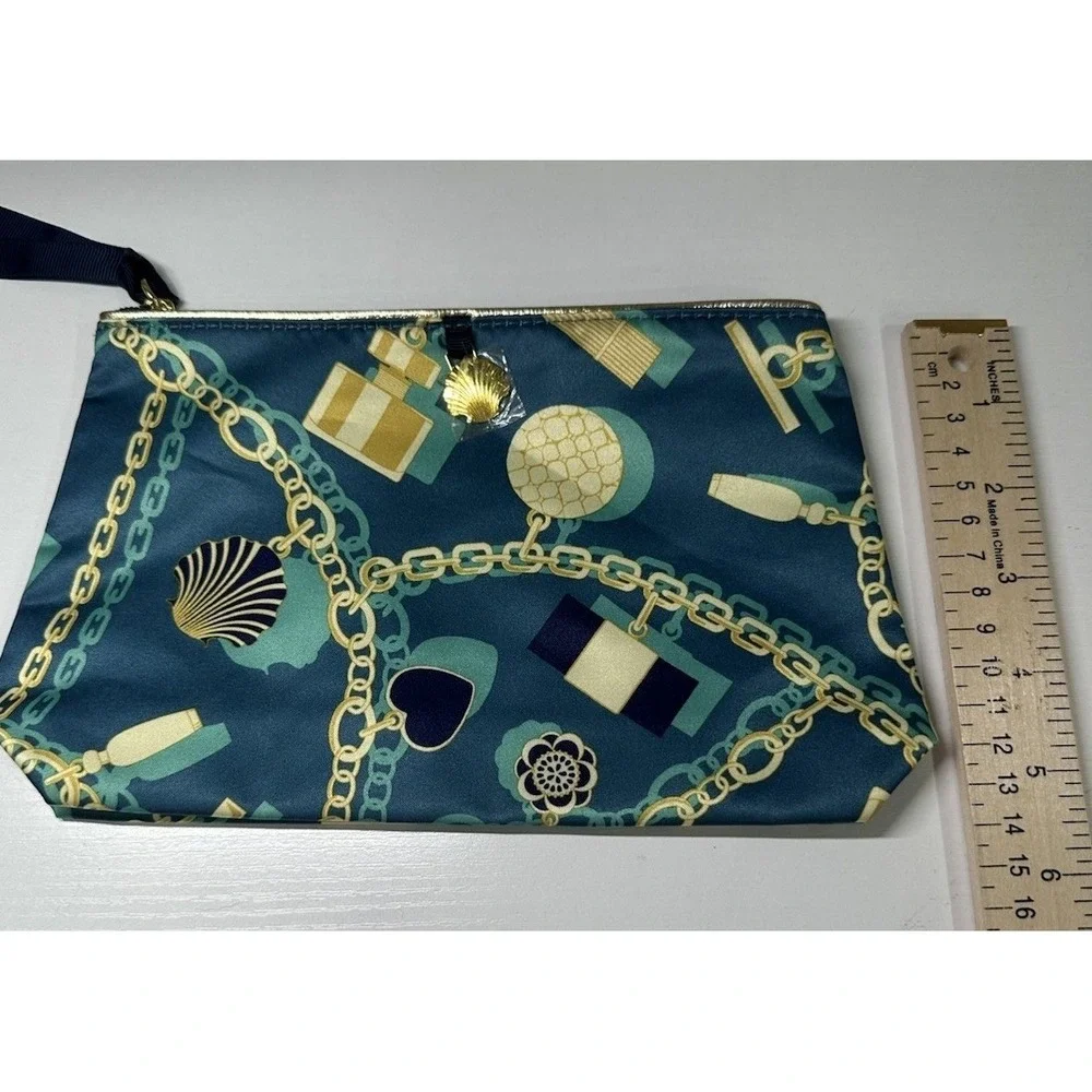 Estee Lauder Cosmetic Bags 3pc Teal Satin Nautical Chain Shell Print Gold Charm
